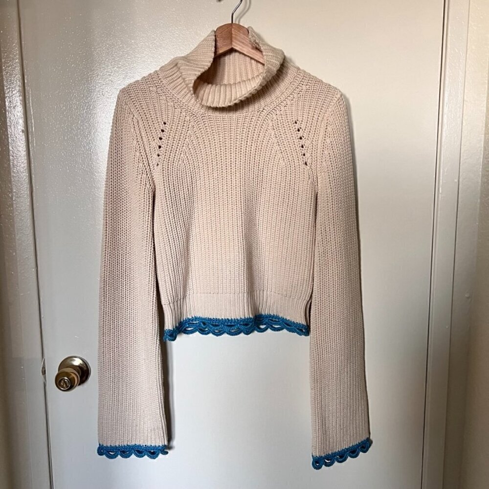 3.1 Phillip Lim Wool Blend Ivory Knit Bell Sleeve Turtleneck Fisherman Sweater  